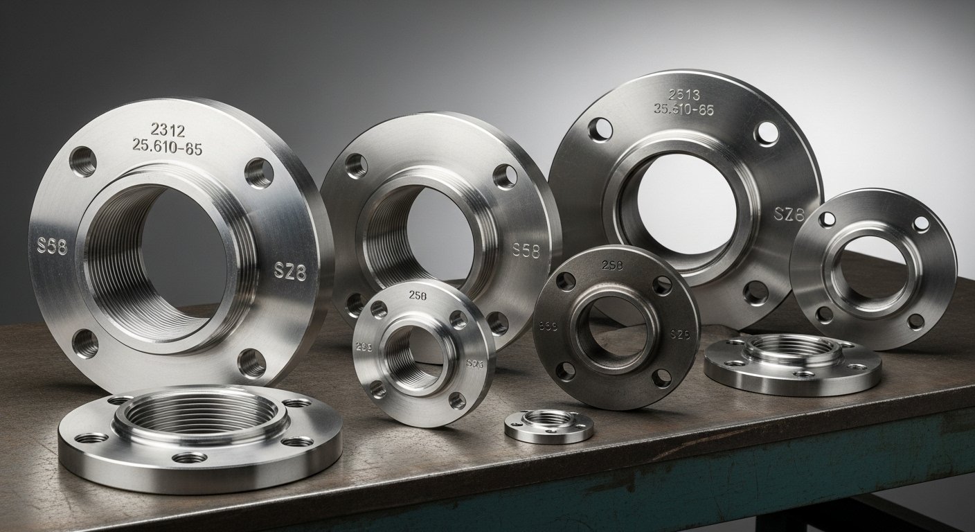 Stainless steel reducing threaded flanges of various sizes displayed on an industrial workbench for pipe size reduction.