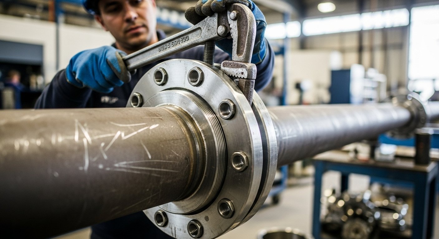 Diagram showing the steps for installing a threaded flange on a pipe.